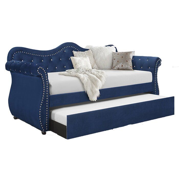 Galaxy Home Abby Upholstered Velvet Wood Daybed With Trundle In Blue