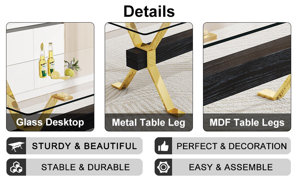 1 Table And 6 Chairs Modern Simple Luxury Tempered Glass Rectangular Dining Table And Desk With 6 Black PU Gold