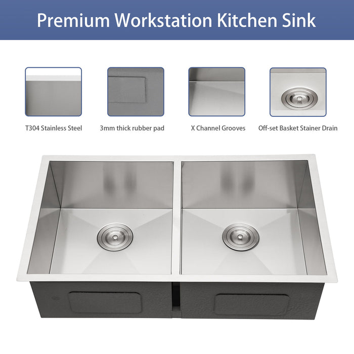 33X19 Undermount Double Bowl Kitchen Sink (50/50) In 18 Gauge Stainless Steel With 9 Inch Deep Basin