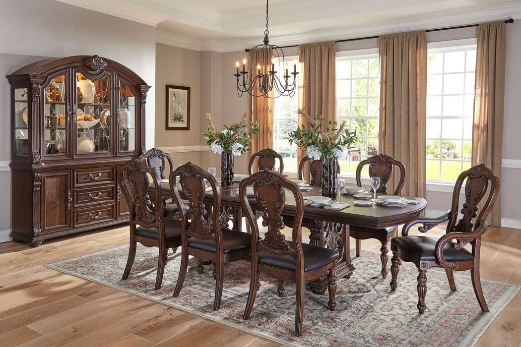 Lavish Style Formal Dining 9 Piece Set Dining Table Extension Leaf 2 Armchairs And 6 Side Chairs Dark Oak Finish Wooden Furniture