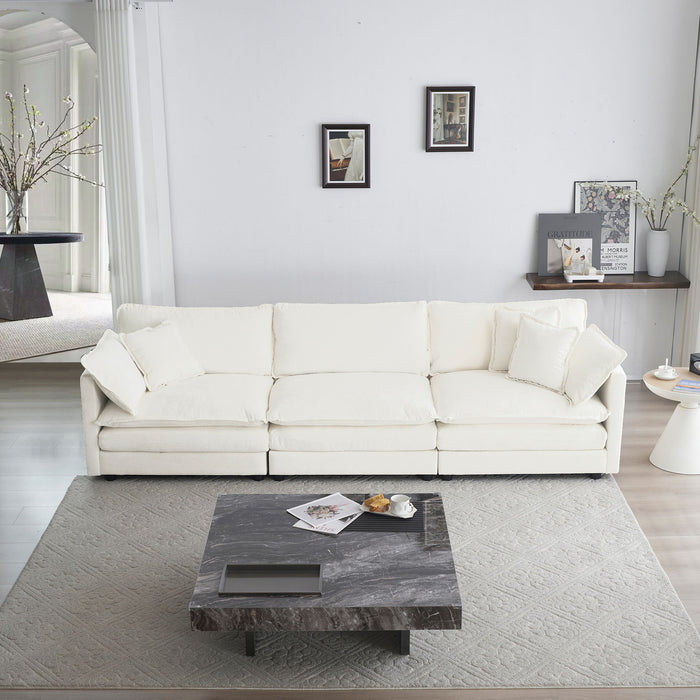 Mid-Century Modern Couch 3-Seater Sofa With 2 Armrest Pillows And 3 Toss Pillows, Couch For Living Room White Chenille