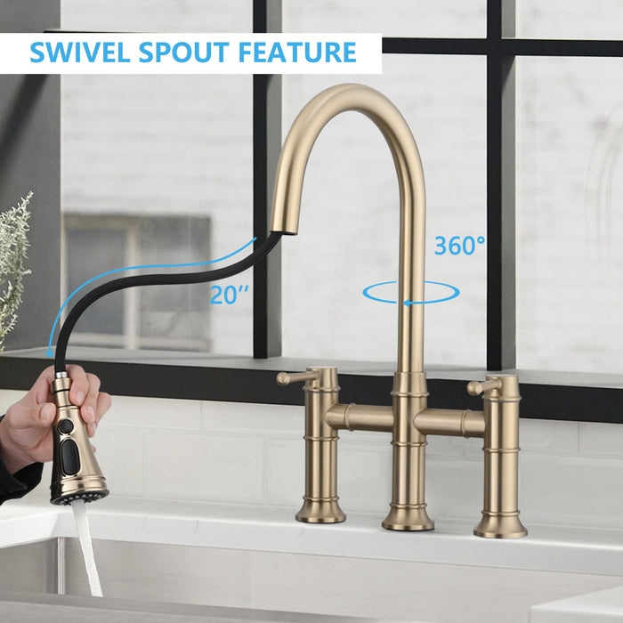 Double Handle Bridge Kitchen Faucet With Pull-Down Spray Head - Gold