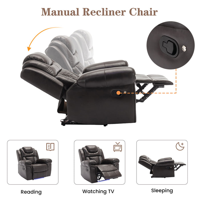 Home Theater Seating Manual Recliner Chair With Center Console And LED Light Strip For Living Room, Brown