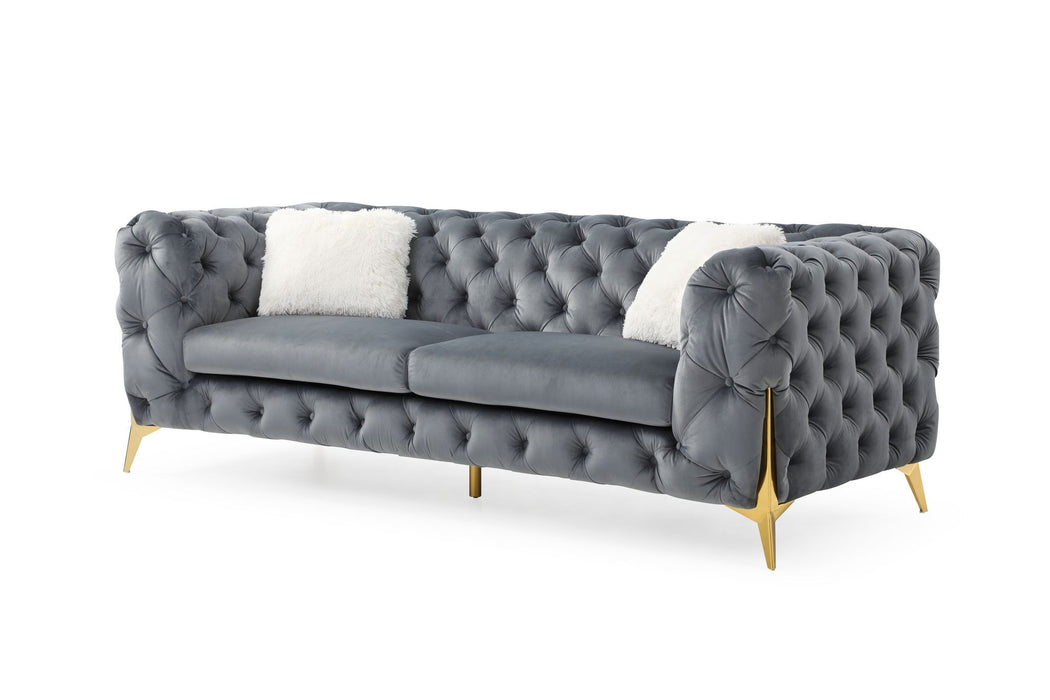 Moderno Tufted Sofa Finished In Velvet Fabric In Gray