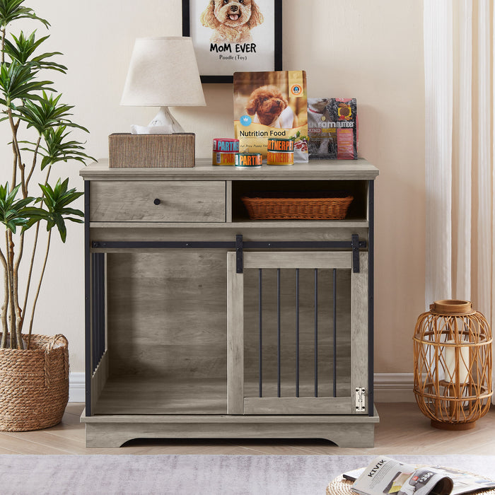 Sliding Door Dog Crate With Drawers. Grey