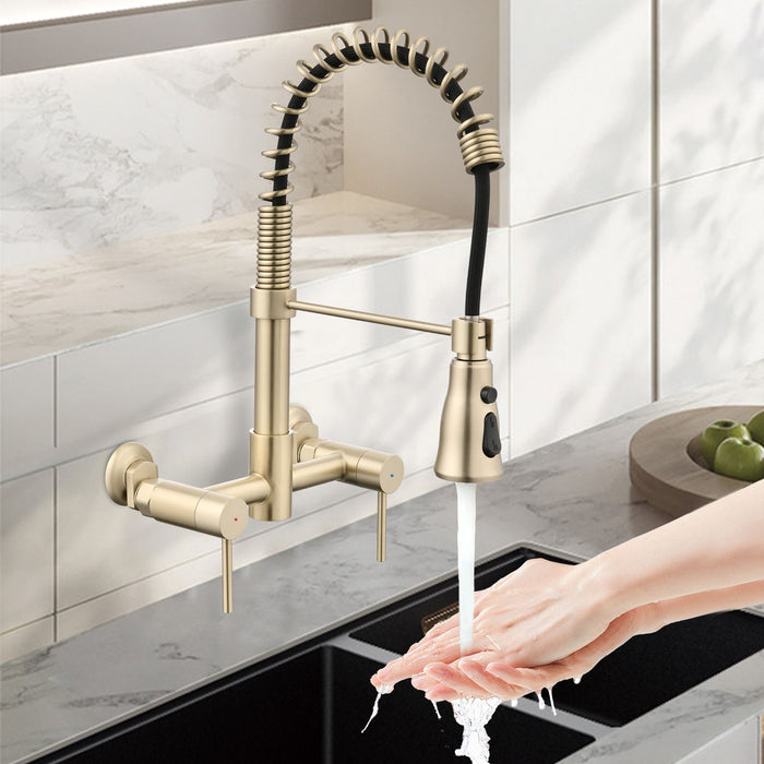 3 Functions Wall Mounted Bridge Kitchen Faucet - Brushed Gold