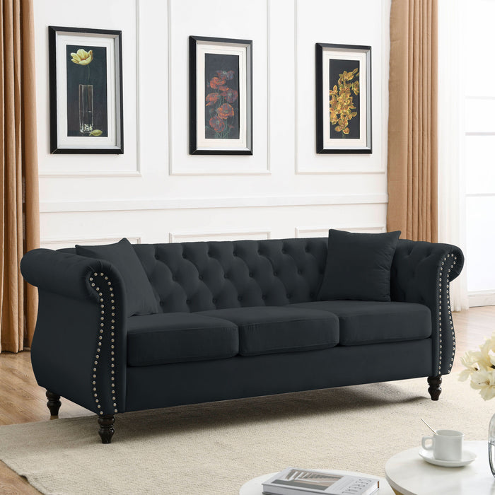 Chesterfield Sofa Black Velvet For Living Room, 3 Seater Sofa Tufted Couch With Rolled Arms And Nailhead For Living Room, Bedroom, Office, Apartment 3 Seater / 2 Seater - Black