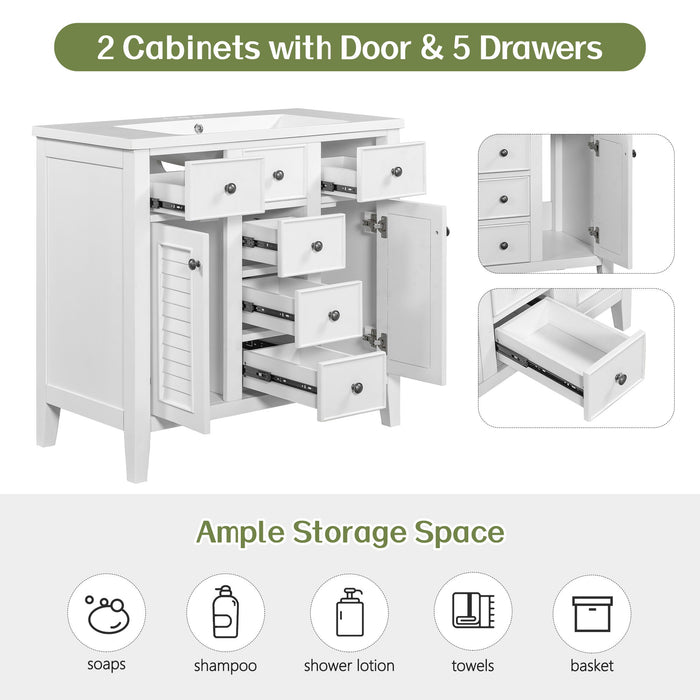 36" Bathroom Vanity Without Sink, Cabinet Base Only, Two Cabinets And Five Drawers, Solid Wood Frame, White
