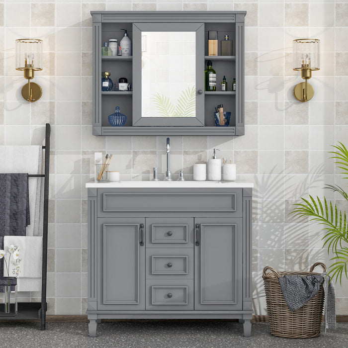 Bathroom Vanity With Top Sink, Grey Mirror Cabinet, Modern Bathroom Storage Cabinet With 2 Soft Closing Doors And 2 Drawers, Single Sink Bathroom Vanity