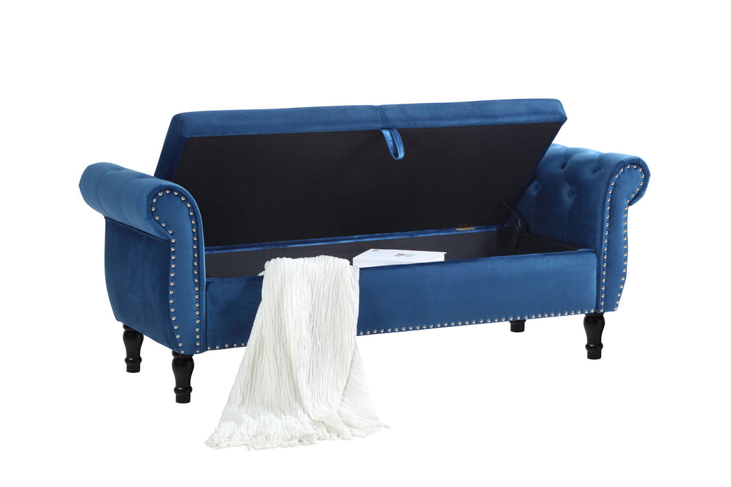 Aijia 63" Velvet Multifunctional Storage Bench Rectangular Sofa Stool Buttons Tufted Nailhead Trimmed Ottoman Solid Wood Legs With 1 Pillow, Blue