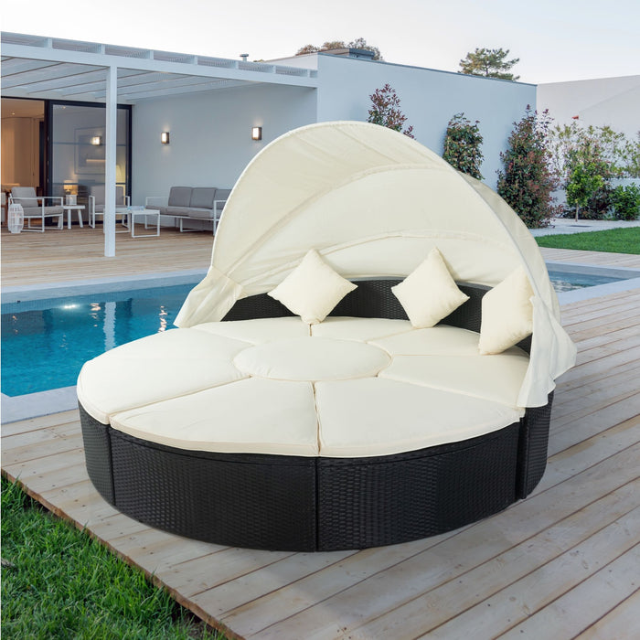 Outdoor Patio Round Daybed With Retractable Canopy Rattan Wicker Furniture Sectional Seating Set Black Wicker / Creme Cushion