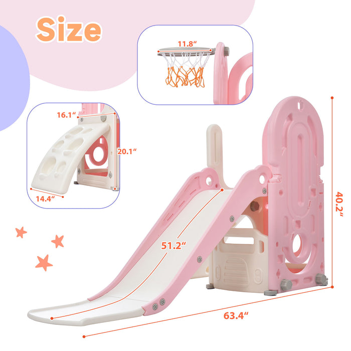 Toddler Climber And Slide Set 4 In 1, Kids Playground Climber Freestanding Slide Play Set With Basketball Hoop Play Combination For Babies Indoor & Outdoor - Pink