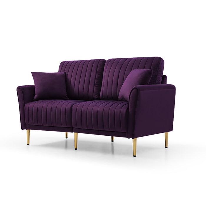 2 Piece Velvet Upholstered Living Room Sofa Set, Including 2 Pieces 2 -Seater Sofa With Channel Tufted And Revsible Pillows, Free Self Fabric Pillow Included, Purple