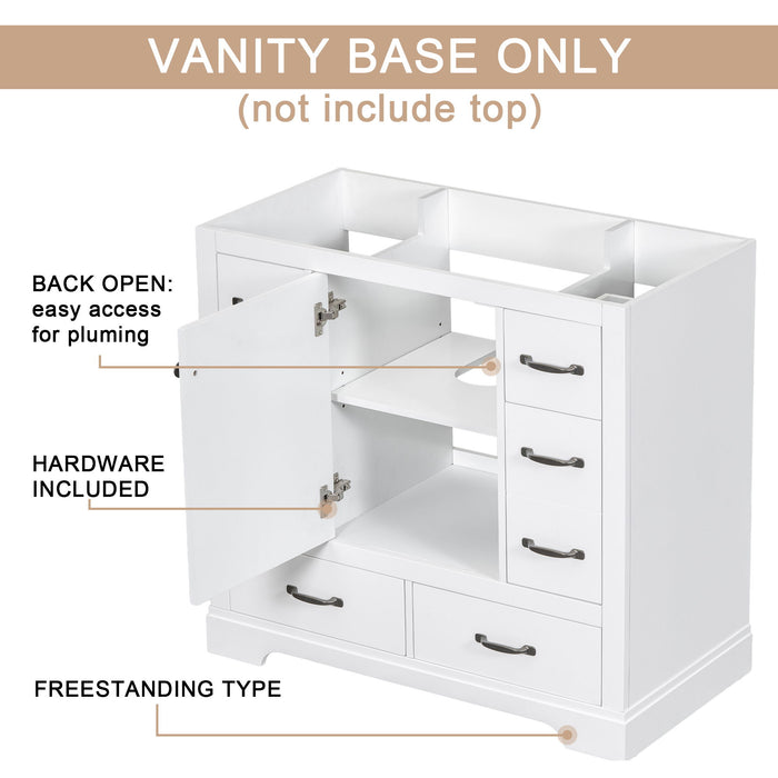 36" Bathroom Vanity Without Sink, Cabinet Base Only, Six Drawers, Multi-Functional Drawer Divider, Adjustable Shelf, White