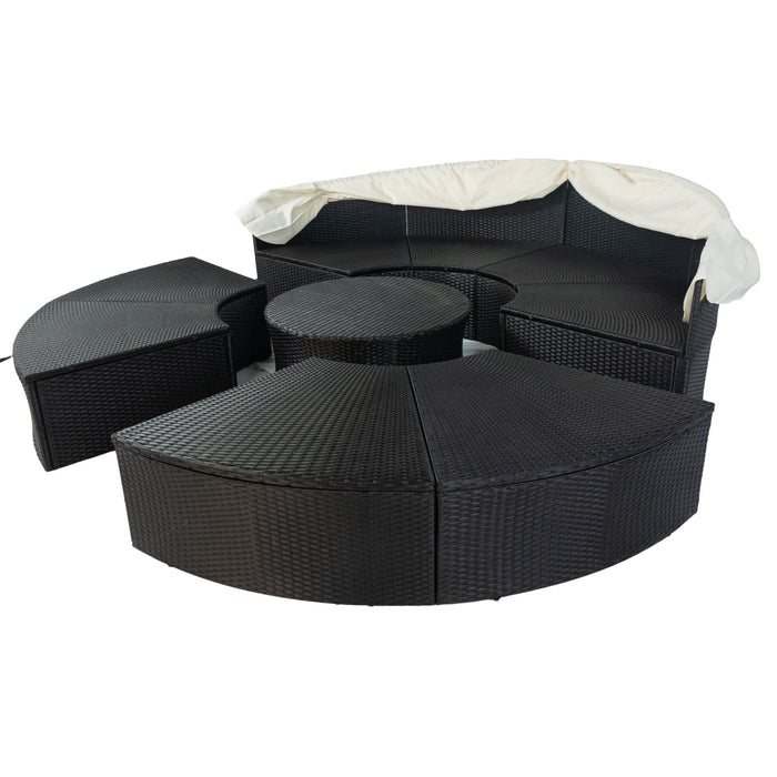 Outdoor Patio Round Daybed With Retractable Canopy Rattan Wicker Furniture Sectional Seating Set Black Wicker / Creme Cushion