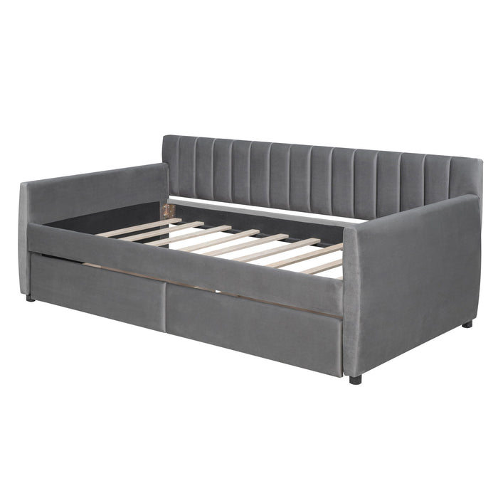 Twin Size Upholstered Daybed With Drawers, Wood Slat Support - Gray