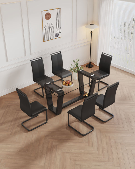 Table And Chair Set, 1 Table With 6 Black Chairs. 0.4" Tempered Glass Desktop And Black MDF, PU Artificial Leather High Backrest Cushion Side Chair, C - Shaped Tube Black Coated Metal Legs