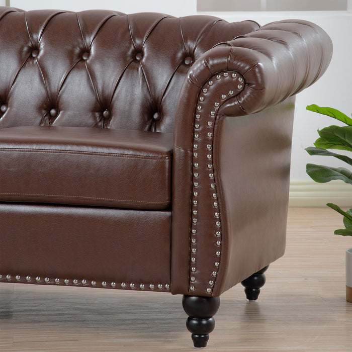 Rolled Arm Chesterfield Three Seater Sofa - Dark Brown