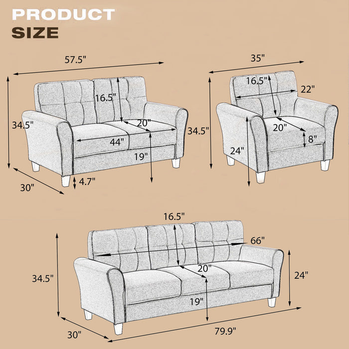 Modern Living Room Sofa Set Linen Upholstered Couch Furniture For Home Or Office, Light Gray, (1 / 2 / 3-Seat)