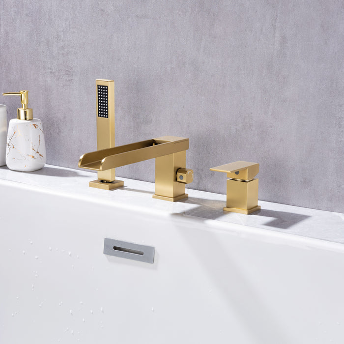 Bathroom Contemporary Waterfall Bathtub Faucet Roman Tub Filler Widespread Faucet With Handheld Shower More Long Spout Single Handle 3 Hole Deck Mount - Brushed Gold