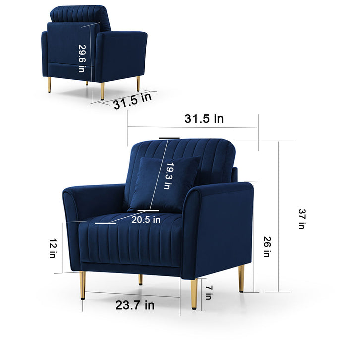 3 Piece Velvet Living Room Sofa Sets, 2 Piece Accent Chair And One 2 Seat Sofa For Small Living Space - Navy Blue
