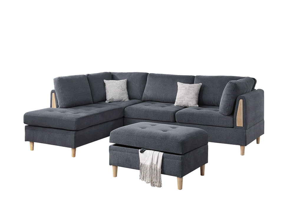 3 Pieces Reversible Sectional Set Living Room Furniture Charcoal Color Chenille Couch Sofa, Reversible Chaise Ottoman