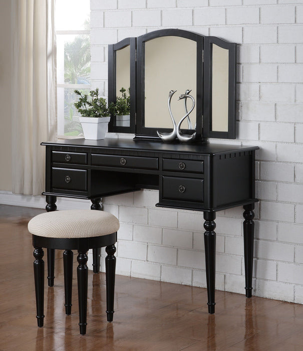 Bedroom Contemporary Vanity Set Foldable Mirror Stool Drawers Black Color
