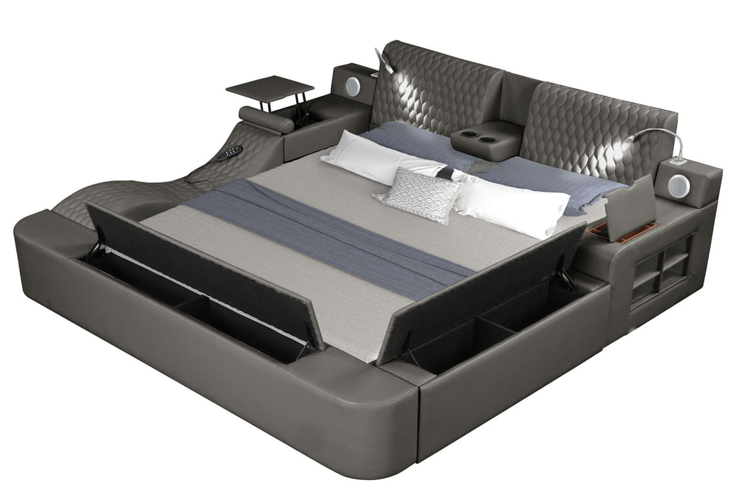 Zoya Smart Multifunctional Queen Size Bed Made With Wood In Gray