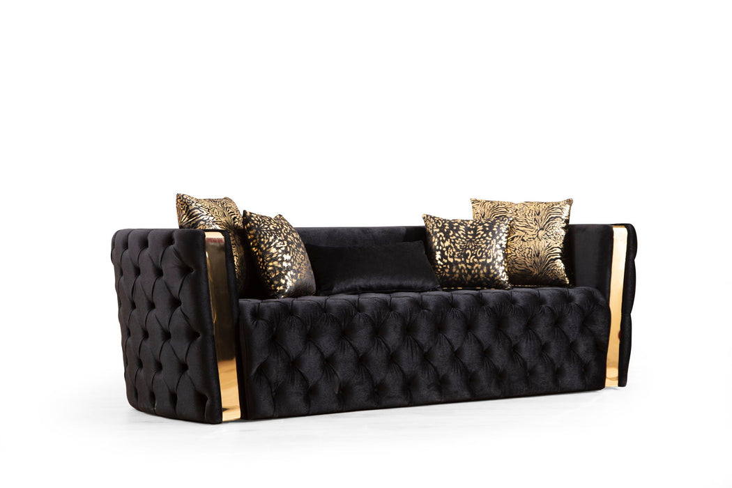 Naomi Button Tufted Sofa Finished With Velvet Fabric And Gold Accent In Black