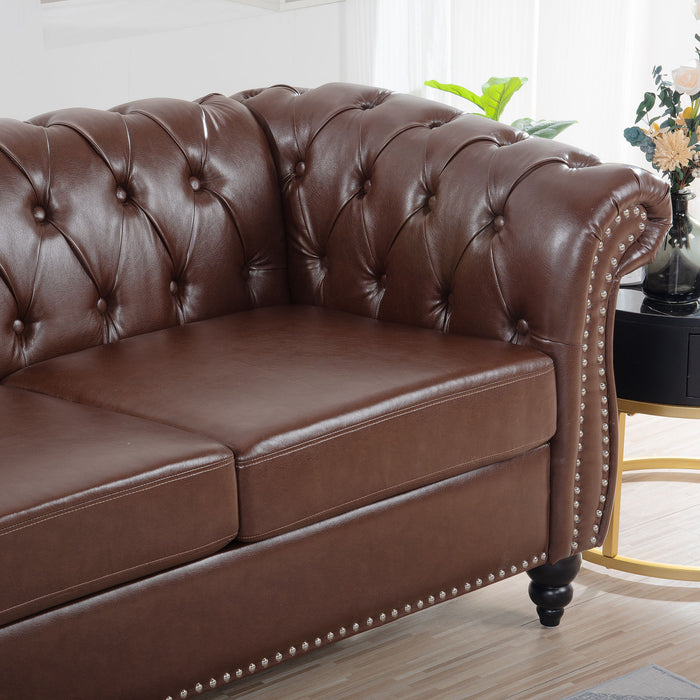 Rolled Arm Chesterfield Three Seater Sofa - Dark Brown
