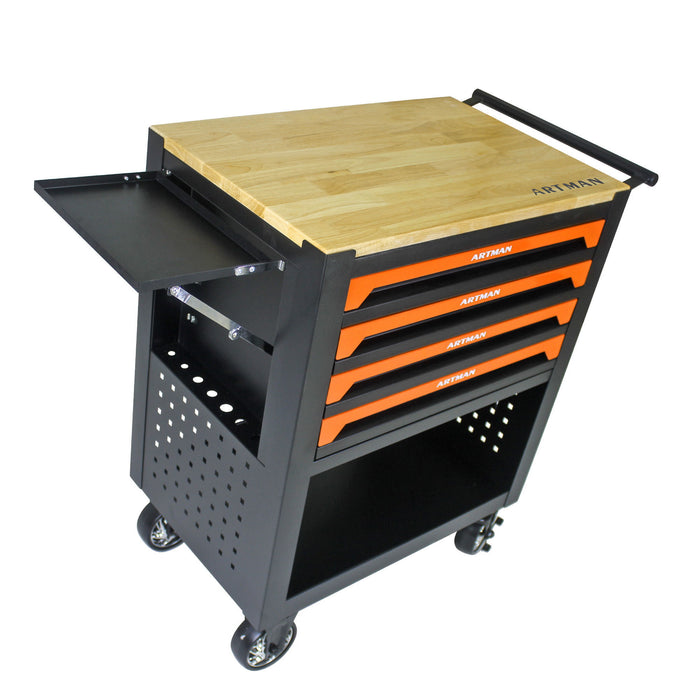 4 Drawers Multifunctional Tool Cart With Wheels And Wooden Top - Orange