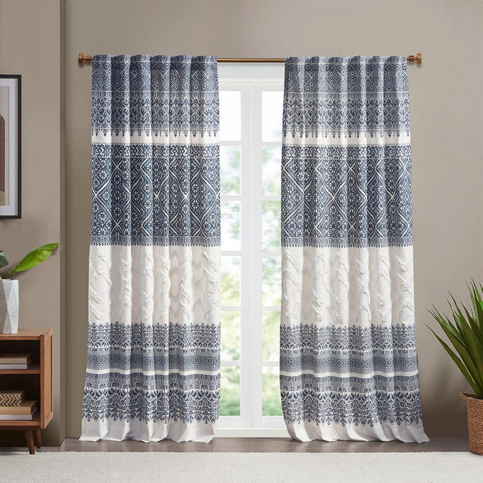 Mila Cotton Printed Curtain Panel With Chenille Detail And Lining - Blue
