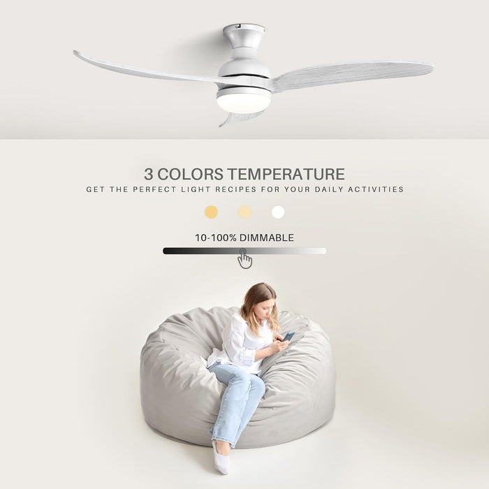 Modern Ceiling Fan With 3 Color Dimmable Solid Wood Blades Remote Control Reversible DC Motor For Bedroom - Silver