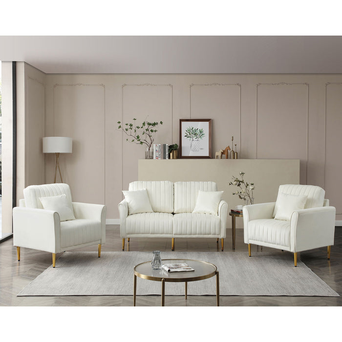 Living Room Sofa Set Of 3, Loveseat Sofa Couch And Comfy Accent Arm Chair With Pillows, Metal Legs, Upholstered Modern Furniture For Bedroom, Office, Small Space, Apartment - Cream White