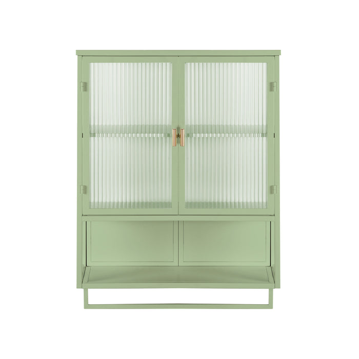 Glass Doors Modern Two - Door Wall Cabinet With Featuring Two-Tier Enclosed Storage, An Open Shelf, And Towel Rack, For Entryway Living Room Bathroom Dining Room, Green