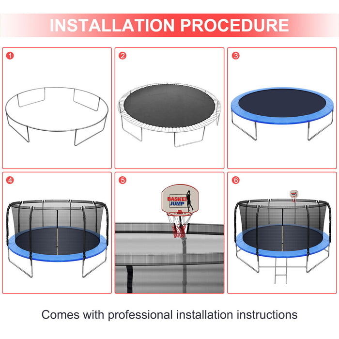 14 Ft Recreational Trampolines For Kids, With Ladder Basketball Hoop Safety Enclosure Net Waterproof Jump Mat, Exercise Fitness Trampoline, 14X14X8.2 Ft