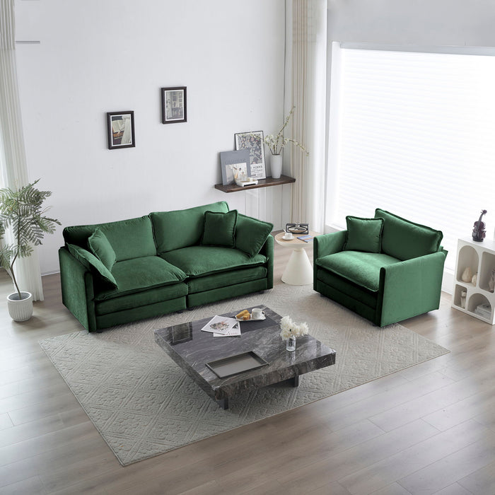 2 Seater Loveseat And Chair Set, 2 Piece Sofa & Chair Set, Loveseat And Accent Chair, 2 Piece Upholstered Chenille Sofa Living Room Couch Furniture (1+2 Seat), Green Chenille