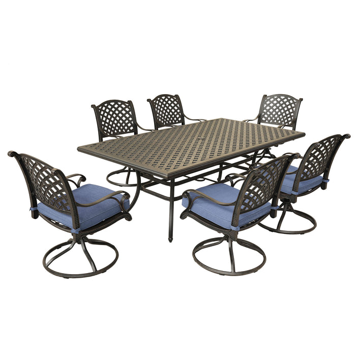 Rectangular 6 Person 85.83" Long Aluminum Dining Set With Navy Blue Cushions