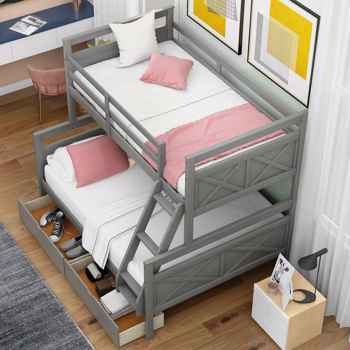 Twin Over Full Bunk Bed With Ladder, Two Storage Drawers, Safety Guardrail Gray