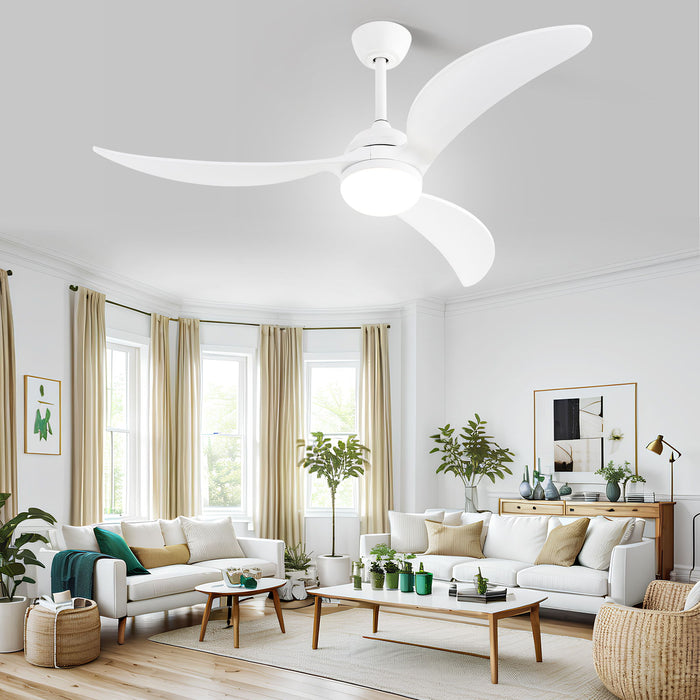 Indoor Ceiling Fan With Dimmable LED Light 3 Solid Wood Blades Remote Control Reversible Dc Motor White For Living Room In White