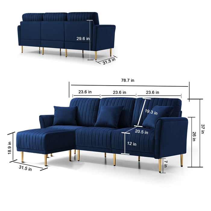 Modern Velvet Upholstered Reversible Sectional 3 Seat Sofa, L-Shaped Couch With Movable Ottoman And Gold Legs For Living Room - Blue