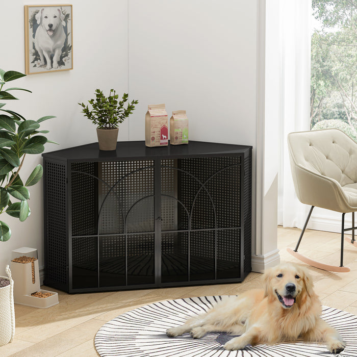 Spacious Dog Cage With Tempered Glass, For Corner Of Living Room, Hallway, Study And Other Spaces, Black
