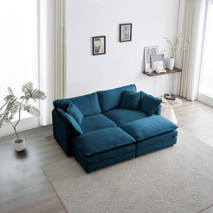4 Piece Upholstered Sectional Sofa, 1 Piece Of 2 Seater Sofa And 2 Piece Of Ottomans, 2 Seater Loveseat Lounge With Ottomans, Blue Chenille
