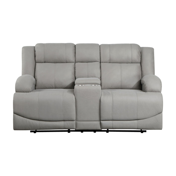 Attractive Gray Color Microfiber Upholstered 1 Piece Double Reclining Loveseat With Center Console Transitional Living Room