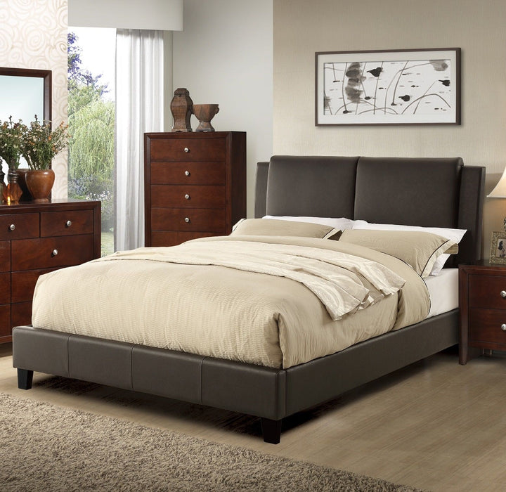 Eastern King Size Bed 1 Piece Bed Set Brown Faux Leather Upholstered Two-Panel Bed Frame Headboard Bedroom Furniture