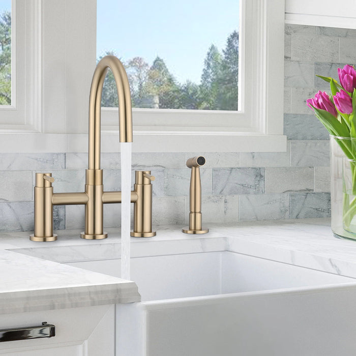Double Handle Bridge Kitchen Faucet With Side Spray - Gold