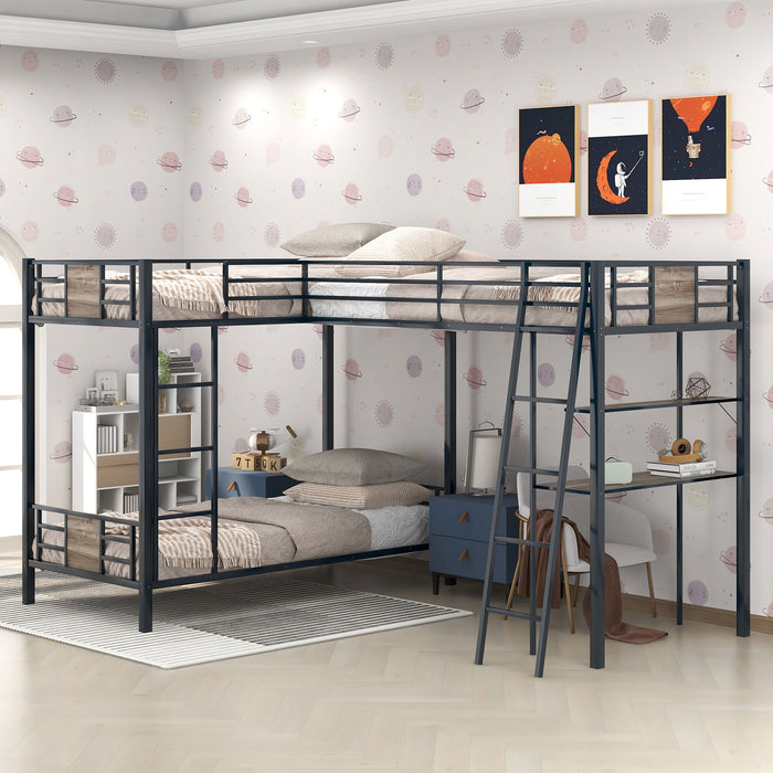 L Shaped Twin Over Twin Bunk Bed With Twin Size Loft Bed With Desk And Shelf, Brown