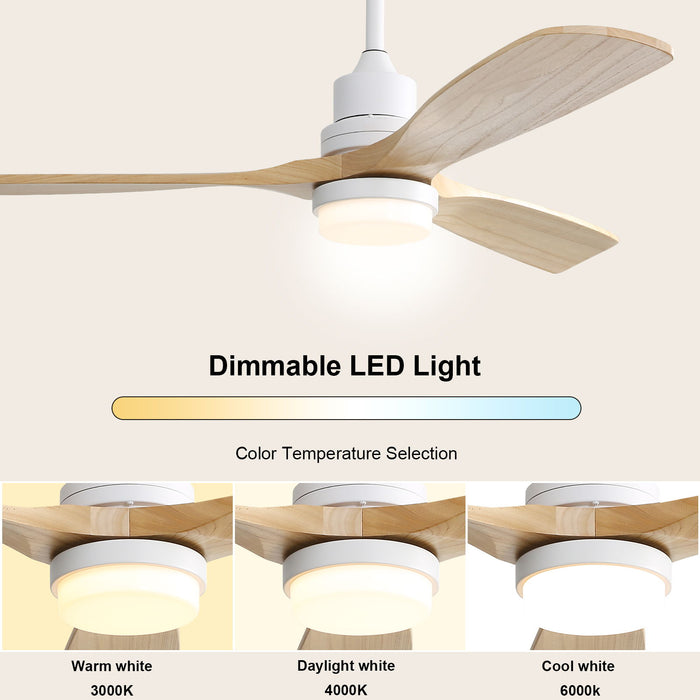 Indoor Ceiling Fan With Dimmable Led Light 6 Speed Remote Silver 3 Wood Blade Reversible DC Motor For Bedroom, White