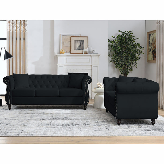 Chesterfield Sofa Black Velvet For Living Room, 3 Seater Sofa Tufted Couch With Rolled Arms And Nailhead For Living Room, Bedroom, Office, Apartment 3 Seater / 2 Seater - Black