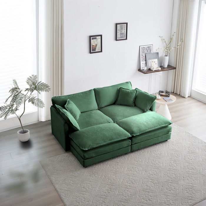 4 Piece Upholstered Sectional Sofa, 1 Piece Of 2 Seater Sofa And 2 Piece Of Ottomans, 2 Seater Loveseat Lounge With Ottomans, Green Chenille